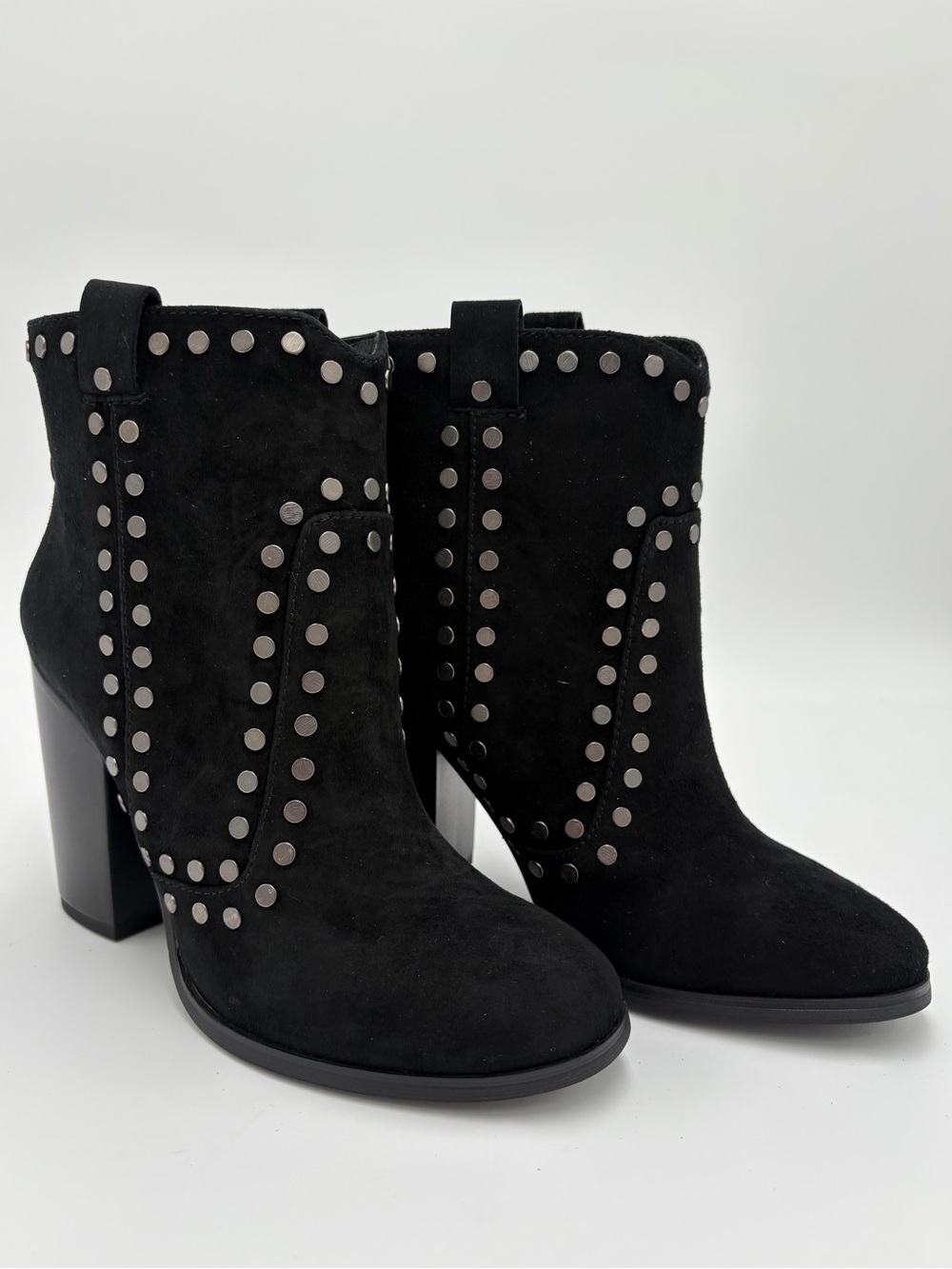 Lola Cruz Studded Black Suede Ankle Booties with Block Heel